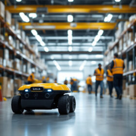 A photograph of capture a photograph of a locus robotics autonomous mobile robot navigating through a busy warehouse environment