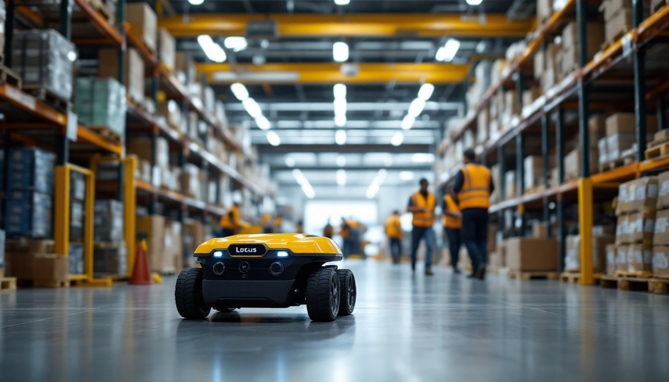 A photograph of capture a photograph of a locus robotics autonomous mobile robot navigating through a busy warehouse environment
