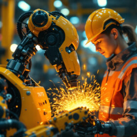 A photograph of a modern industrial robot in action
