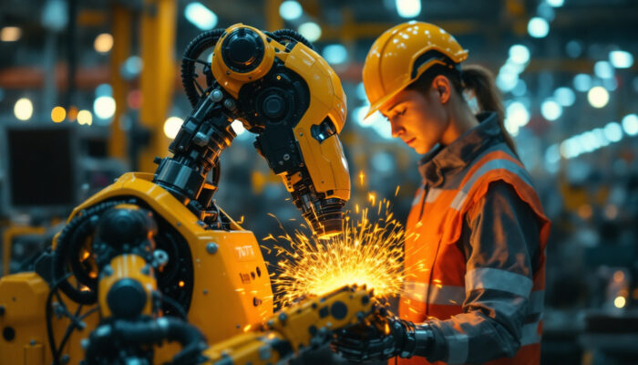 A photograph of a modern industrial robot in action