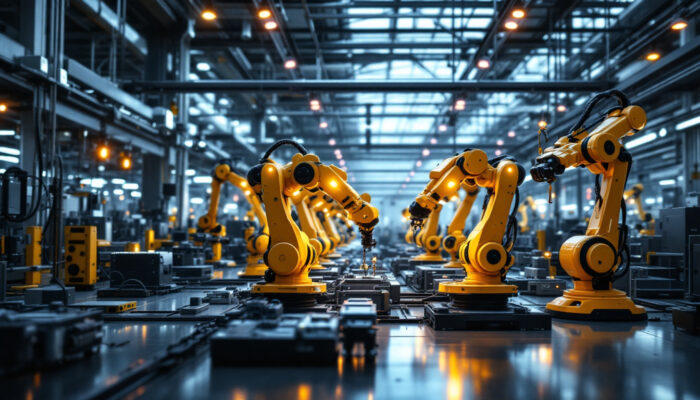 A photograph of a modern industrial setting featuring a variety of robotic arms and automated machinery in action