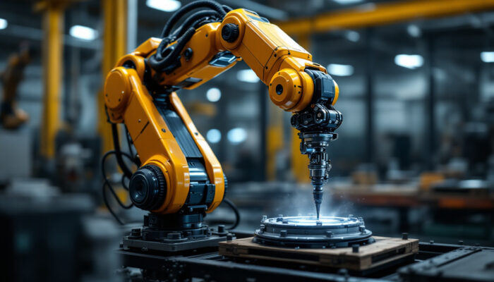 A photograph of a sleek industrial robotic arm in action within a maintenance warehouse setting
