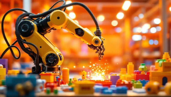 A photograph of a dynamic industrial robotic arm in action
