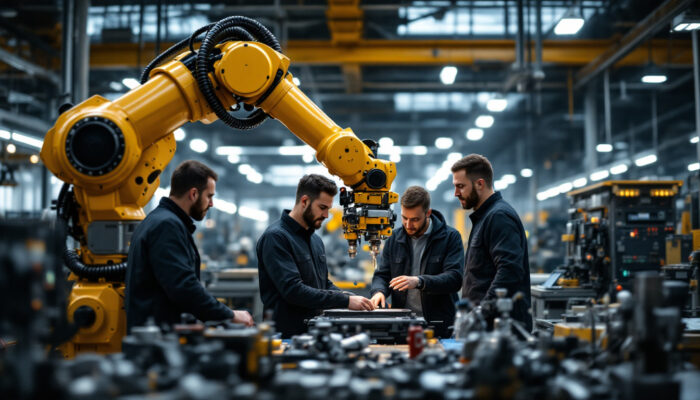 A photograph of a dynamic industrial robotics workspace