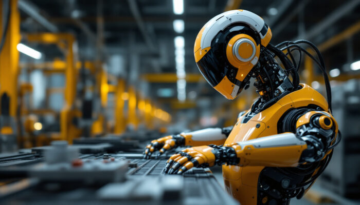 A photograph of a sleek industrial robot in action on a factory floor