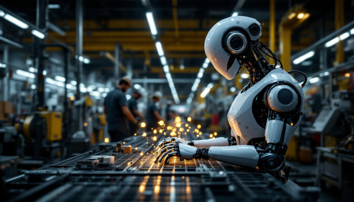 A photograph of a sleek industrial robot in action on a factory floor