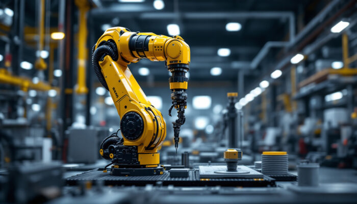 A photograph of a sleek industrial robotic arm in action within a modern manufacturing environment