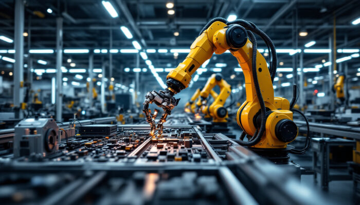 A photograph of a sleek industrial robotic arm in action