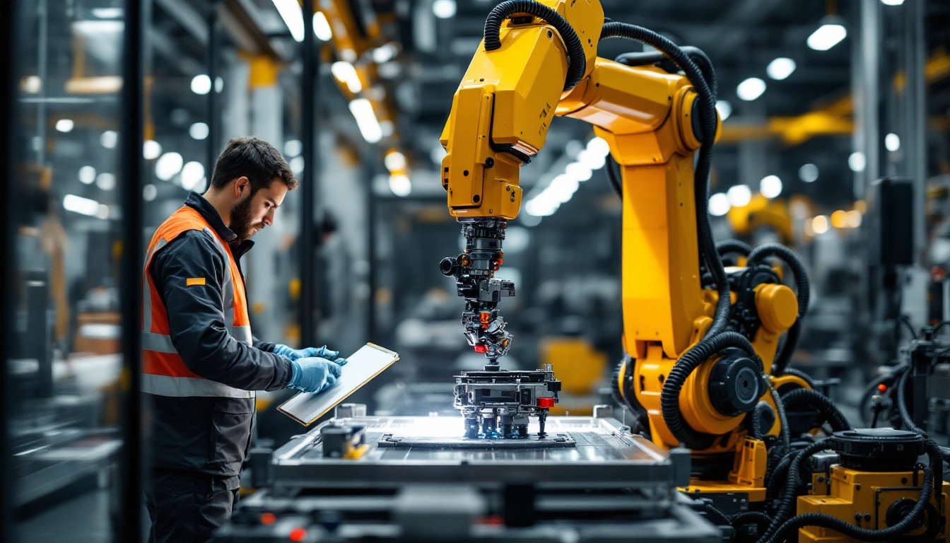 A photograph of a sleek industrial robot working alongside human operators in a modern manufacturing environment