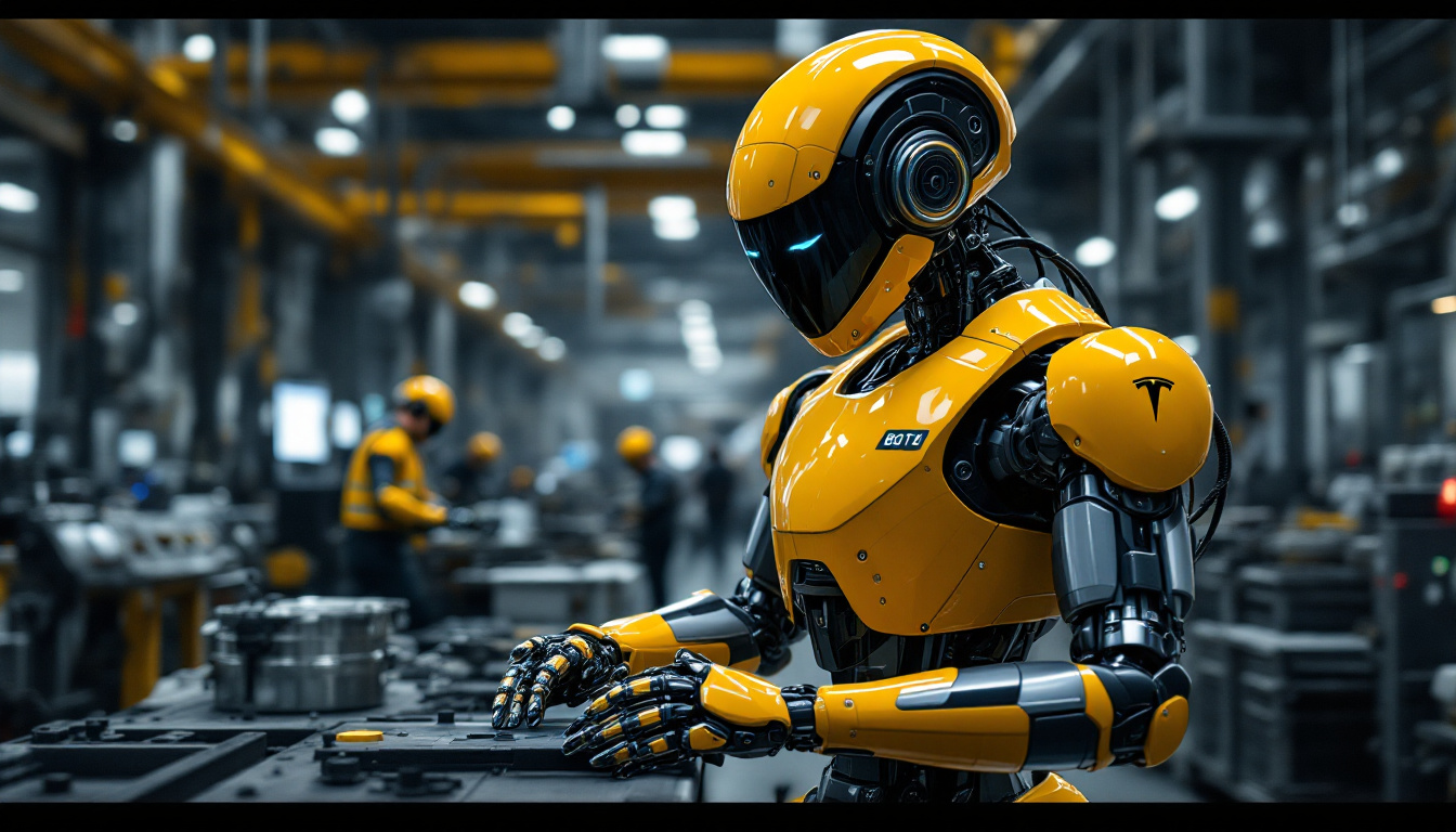 A photograph of a tesla bot in an industrial setting