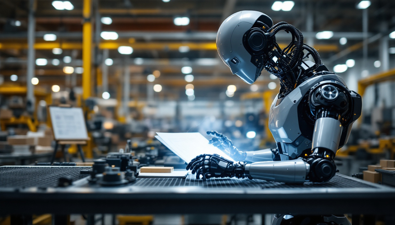 A photograph of a sleek industrial robot in action on a factory floor