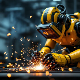 A photograph of a robotic welder in action