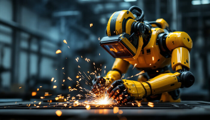 A photograph of a robotic welder in action