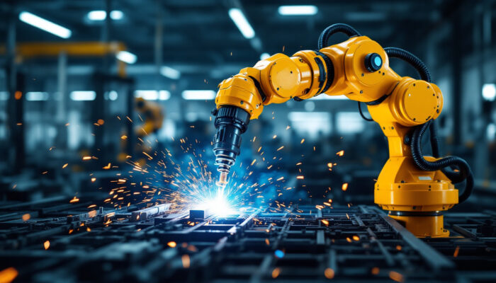 A photograph of a robotic welding arm in action