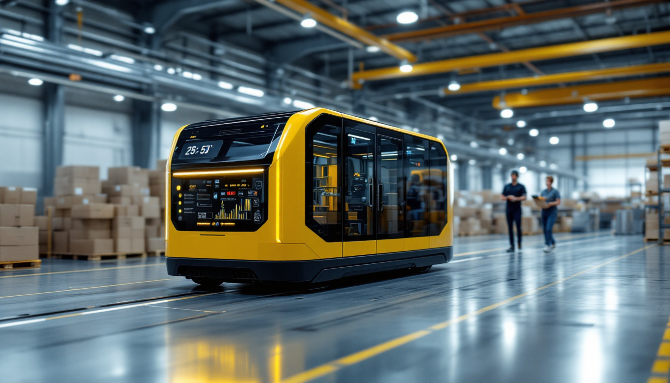 A photograph of a sleek automated guided cart navigating through a modern industrial warehouse
