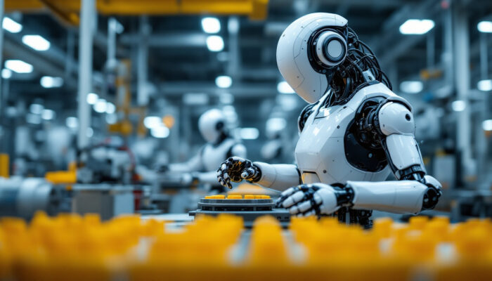 A photograph of a modern industrial robot in action on a factory floor