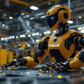A photograph of a tesla optimus robot in an industrial setting