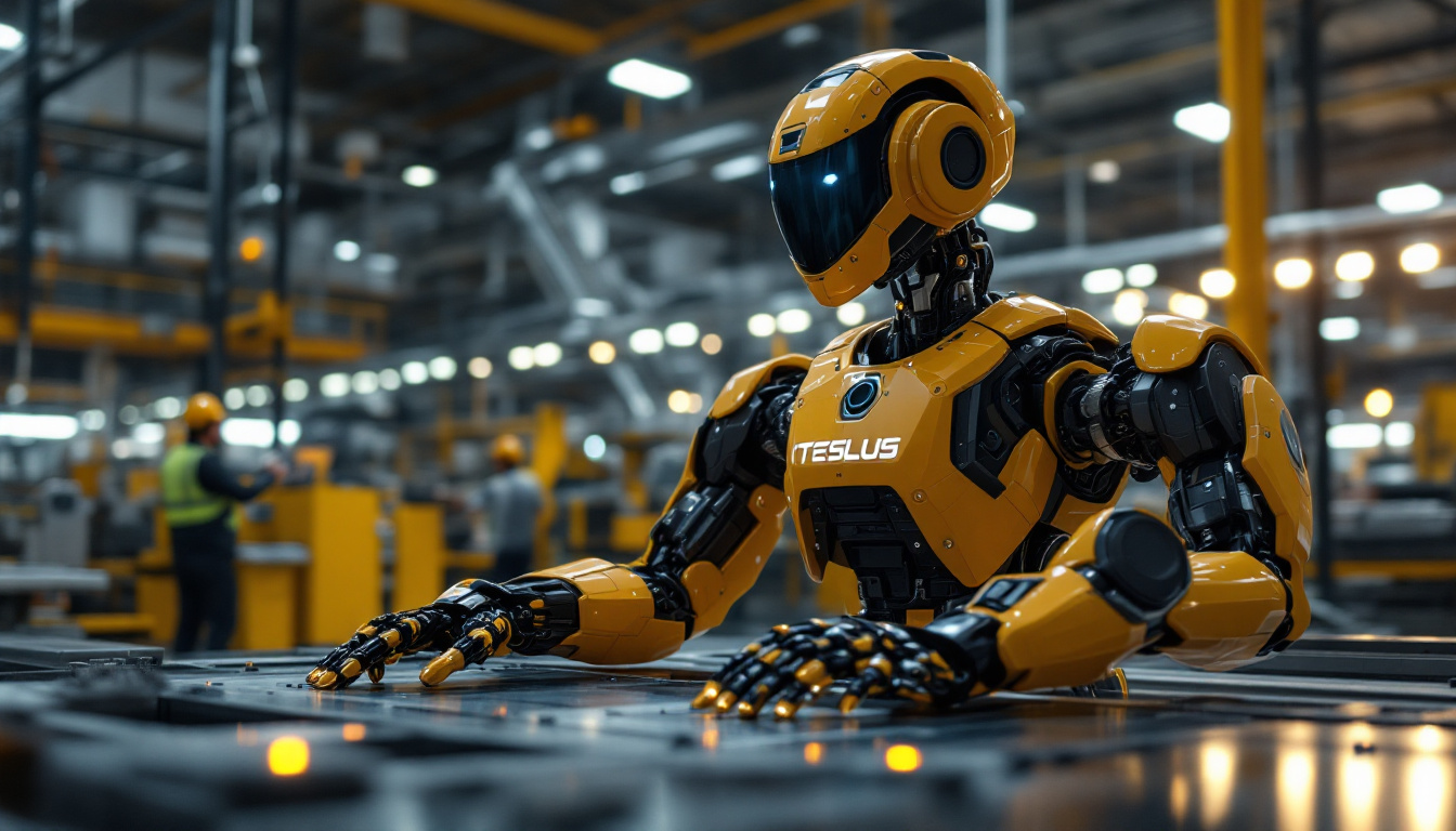 A photograph of a tesla optimus robot in an industrial setting