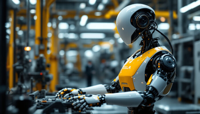 A photograph of a tesla humanoid robot in an industrial setting