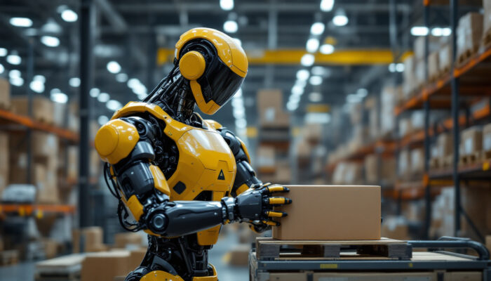 A photograph of a sleek industrial robot in action