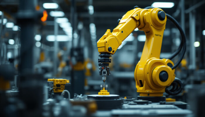 A photograph of a universal robots robotic arm in action