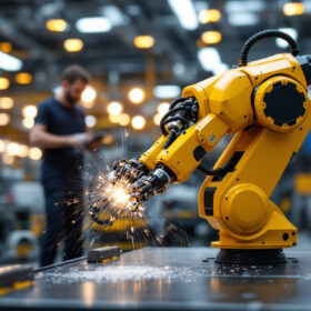 A photograph of a modern industrial robot in action