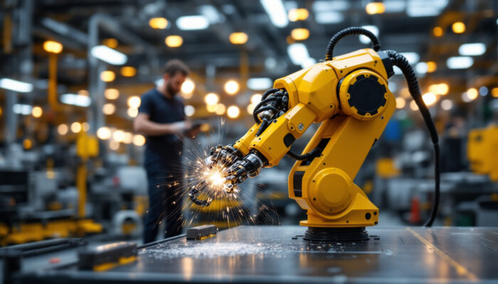 A photograph of a modern industrial robot in action