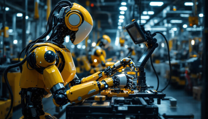 A photograph of capture a photograph of a modern industrial robot in action within a manufacturing setting