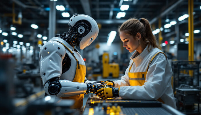 A photograph of a collaborative robot (cobot) working alongside a human in an industrial setting