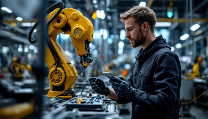 A photograph of a skilled technician programming or operating an industrial robot in a modern manufacturing environment