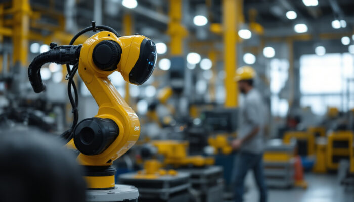 A photograph of capture a photograph of the universal robot ur5e in an industrial setting