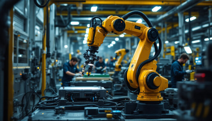 A photograph of a universal robot ur10e in action within an industrial setting