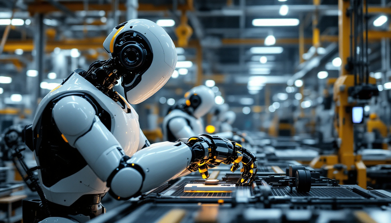 A photograph of a modern industrial robot in action within a factory setting