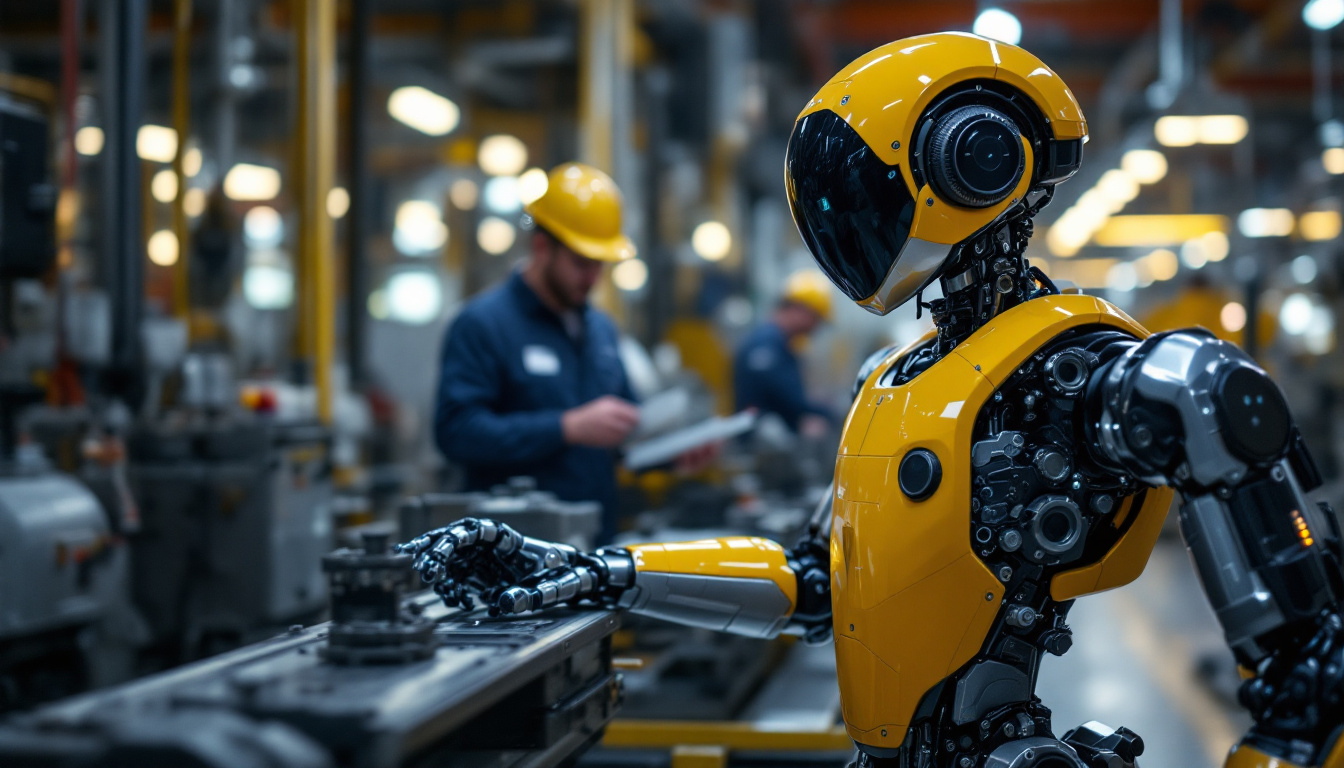 A photograph of a tesla bot in an industrial setting