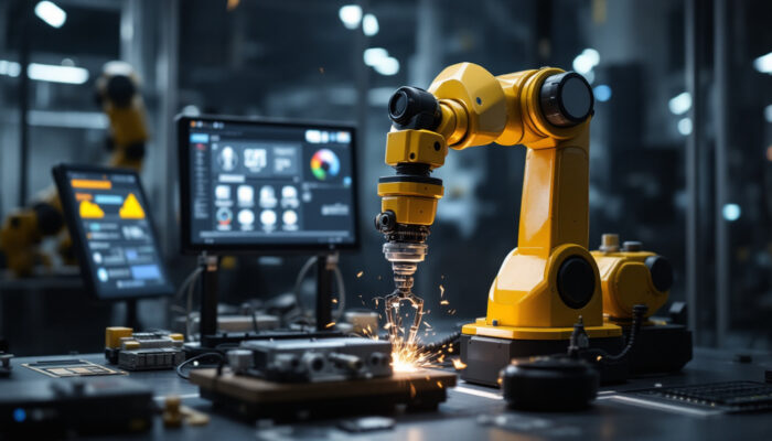 A photograph of a modern industrial robot in action within a simulated environment