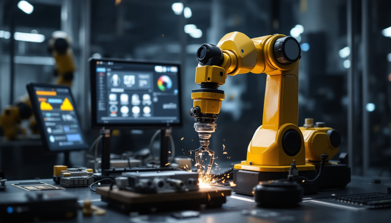 A photograph of a modern industrial robot in action within a simulated environment