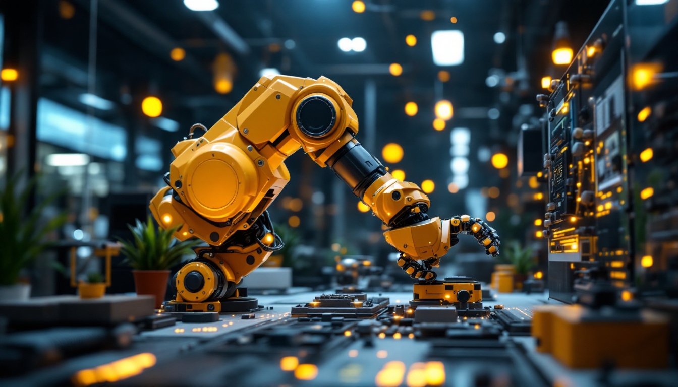 A photograph of a modern industrial robot in action within a simulated environment