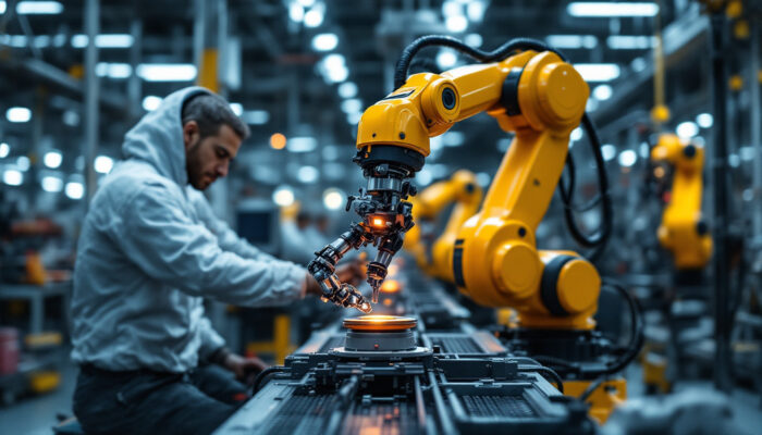 A photograph of a universal robot in action on an industrial production line