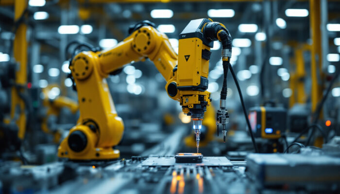 A photograph of capture a photograph of a universal robots novi industrial robot in action