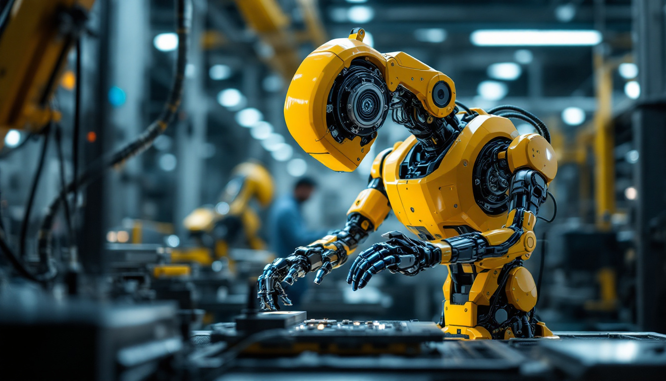 A photograph of capture a photograph of a modern industrial robot in action within a manufacturing environment
