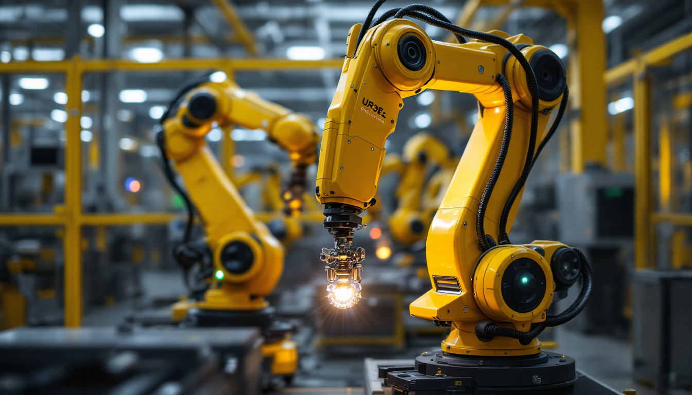 A photograph of capture a photograph of the universal robots ur3e in action on a factory floor