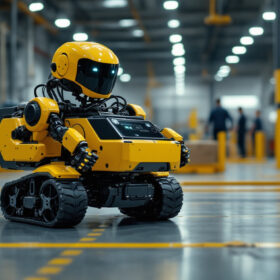 A photograph of a mobile autonomous robot actively navigating an industrial environment