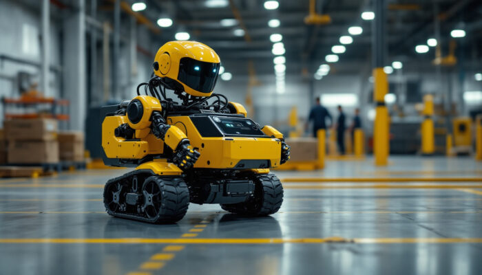 A photograph of a mobile autonomous robot actively navigating an industrial environment