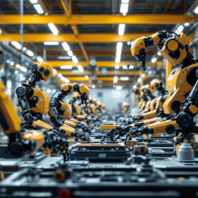 A photograph of a dynamic industrial setting showcasing a diverse fleet of robots in action
