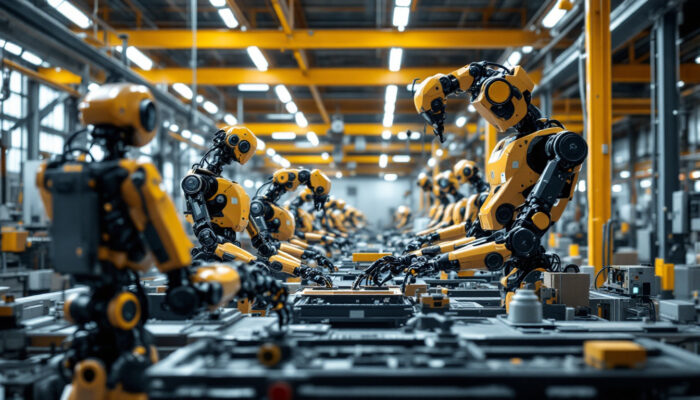 A photograph of a dynamic industrial setting showcasing a diverse fleet of robots in action