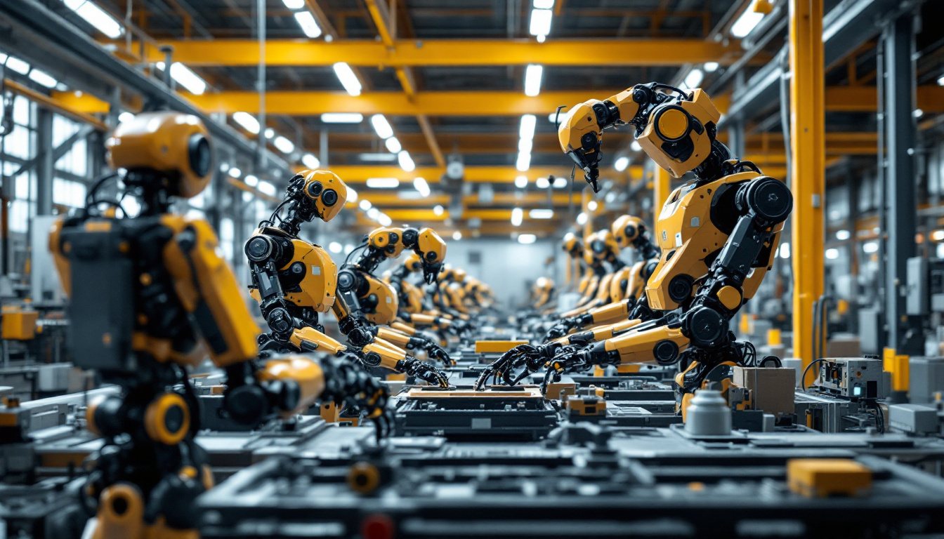 A photograph of a dynamic industrial setting showcasing a diverse fleet of robots in action