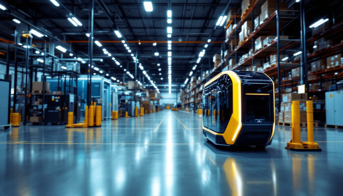 A photograph of a sleek automated guided vehicle (agv) navigating through a modern industrial warehouse