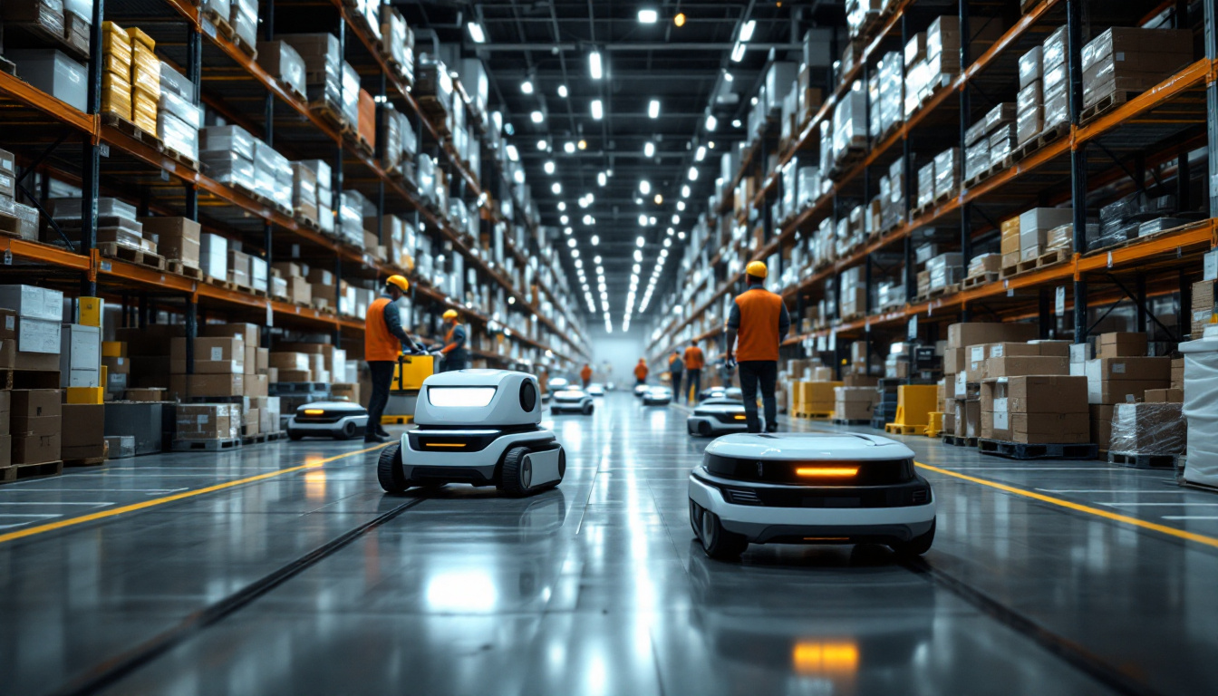 A photograph of a busy warehouse environment showcasing autonomous mobile robots in action