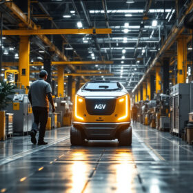 A photograph of capture a photograph of an autonomous guided vehicle (agv) navigating through a busy industrial setting