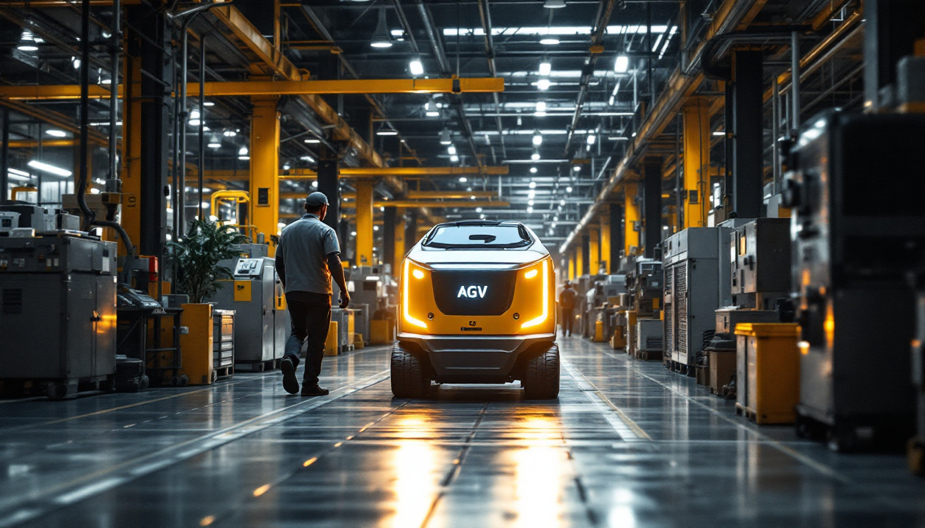 A photograph of capture a photograph of an autonomous guided vehicle (agv) navigating through a busy industrial setting
